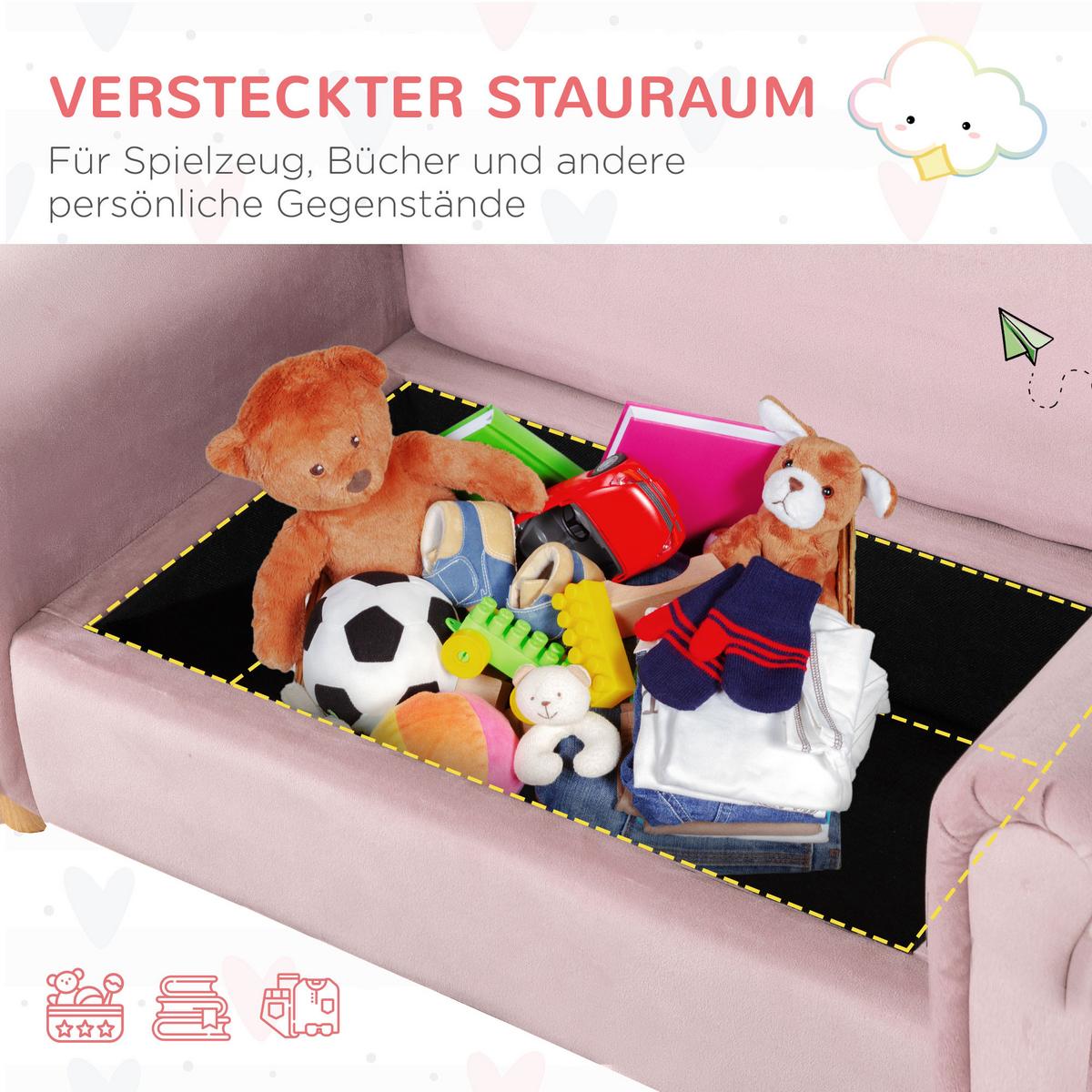 KINDERSOFA Kindercouch mit Stauraum, Spielsofa, Zweisitzer für Kinder 3-5 Jahre - Rosa, Kunststoff (41.5/48.5/84cm) - HOMCOM