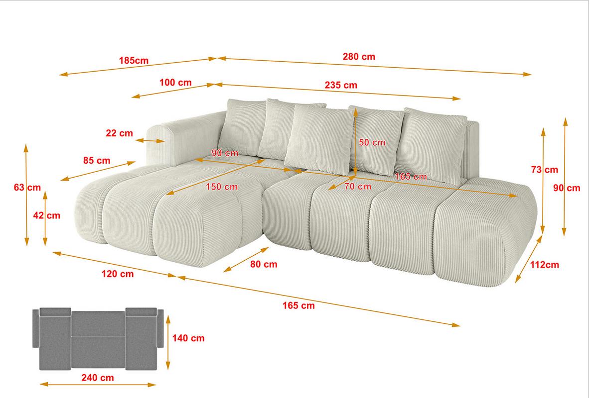 ECKSOFA Ottomane Links CLOUD-L-v1 280x185x90 Creme Cord - Hellgrau/Creme, Holzwerkstoff/Kunststoff (180/289cm) - ALTDECOR
