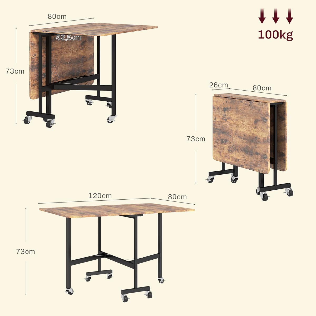 ESSTISCH Klappbar Küchentisch mit Rollen Bremsen für 4-6 Personen Rustikal-Braun - Schwarz/Braun, Holzwerkstoff/Metall (120/80/73cm) - HOMCOM