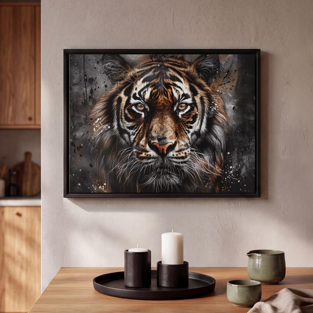 LEINWAND Bilder mit Rahmen - Tiger - Tiere - Porträt - Luxus - Schwarz - 40x30 - Braun, Textil (40/30cm) - MuchoWow