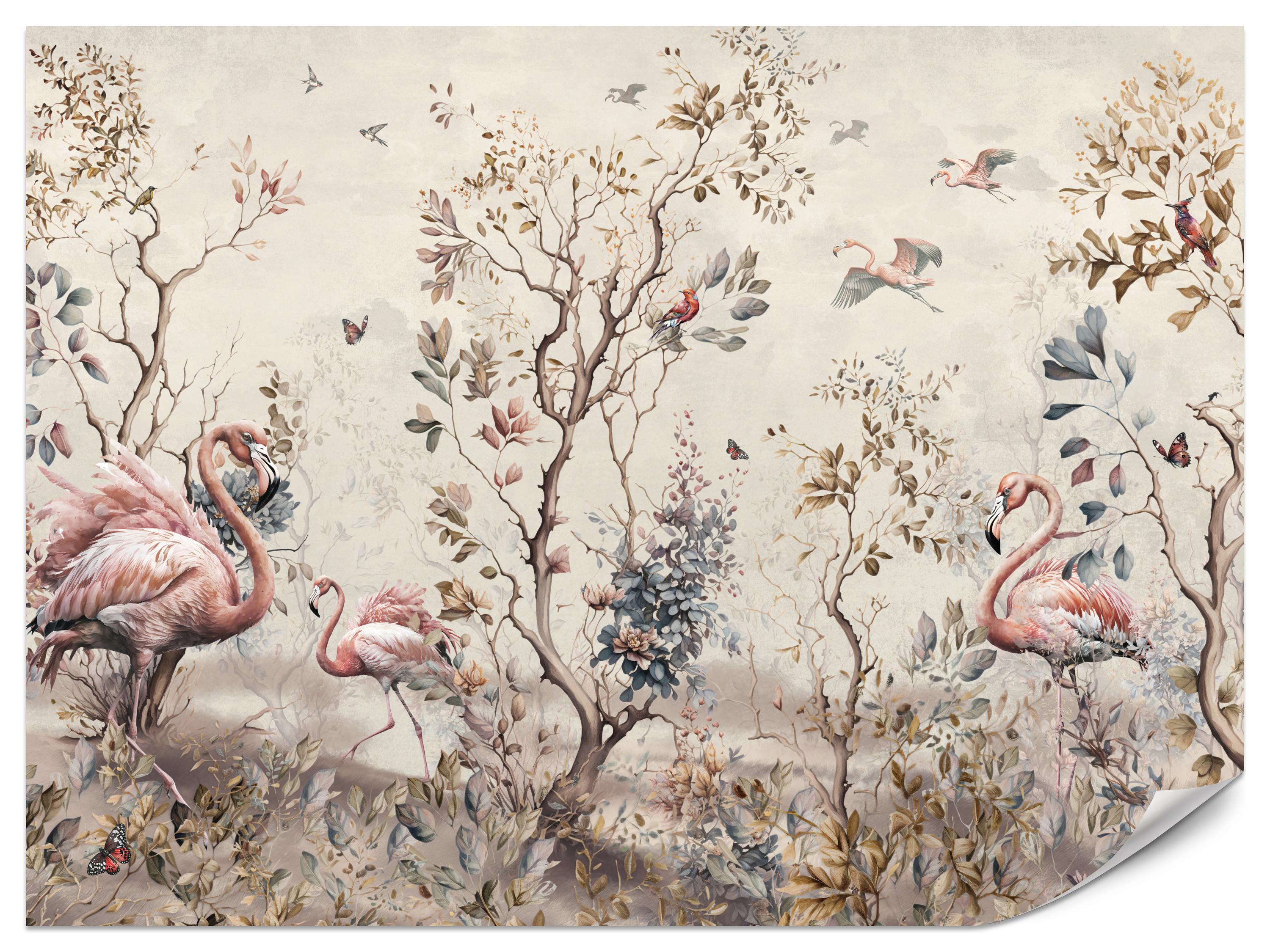 FOTOTAPETE für Wohnzimmer Wunderschöne Flamingos Natur Schmetterlinge 100x70 - Multicolor, Papier (100/70cm) - Muralo