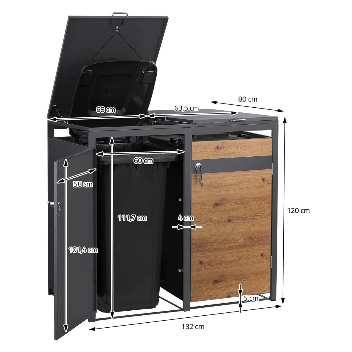 MÜLLTONNENBOX 4er Anthrazit-Holzoptik - Braun, Metall (264/120/80cm) - ML-DESIGN