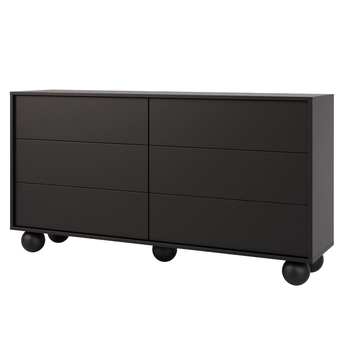 KOMMODE Adel mit 6 Schubladen und runden Füßen, 154 cm, Griffloss, Schwarz - Schwarz, Holzwerkstoff (154/81/38cm) - Beautysofa