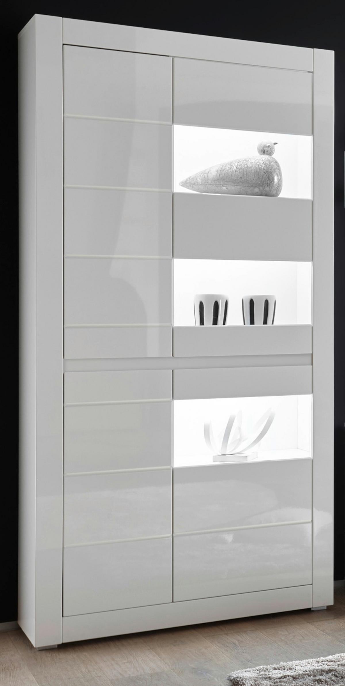 VITRINE Hochglanz weiß, mit weiß oder grau, Vitrinenschrank 100 x 200 cm, Soft-Close - Weiß Hochglanz/Weiß, Glas/Holzwerkstoff (100/198/35cm) - Furn.Design