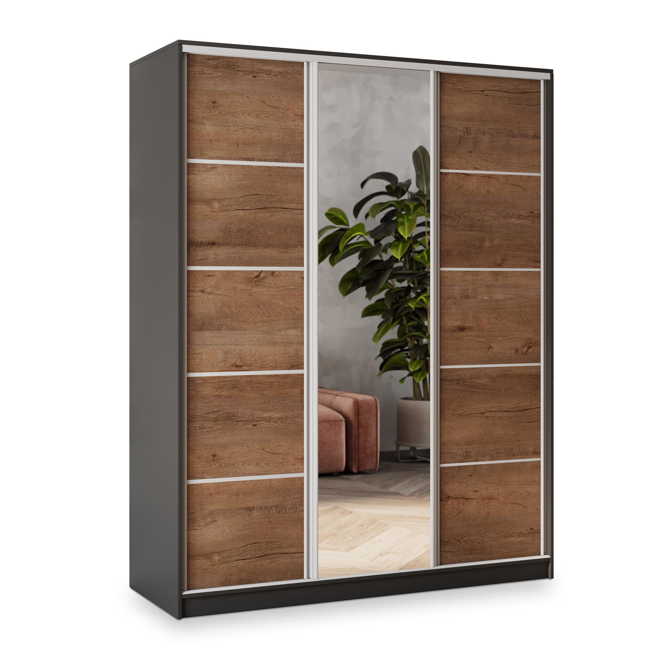 SCHWEBETÜRENSCHRANK NATA 160/205/58 cm 3-türig mit Spiegel und 4 Schubladen Schwarz - Eichefarben/Schwarz, Holzwerkstoff (160/205/58cm) - MASSENO