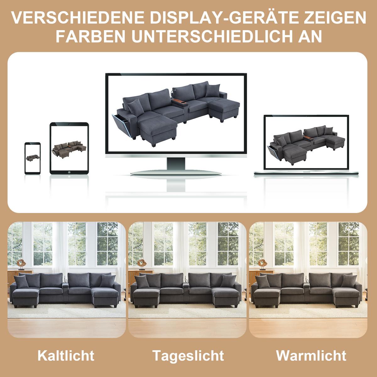 ECKSOFA aus Cord in Grau mit LED-Beleuchtung & smarten USB-Anschlüssen - Grau, Textil (128.5/334cm) - Urban Meuble