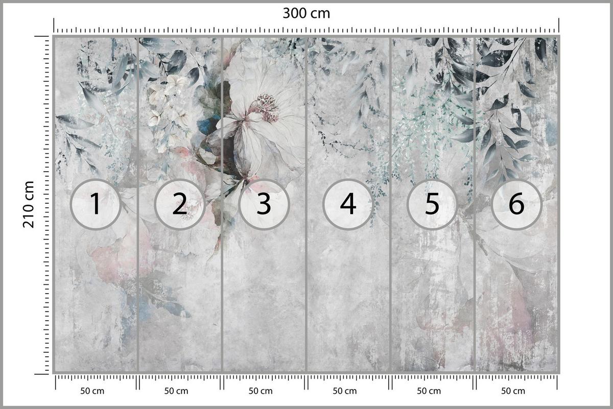 FOTOTAPETE für Schlafzimmer Zarte Blätter Beton Blumen Natur 300x210 - Schwarz/Rosa, Papier (300/210cm) - Muralo