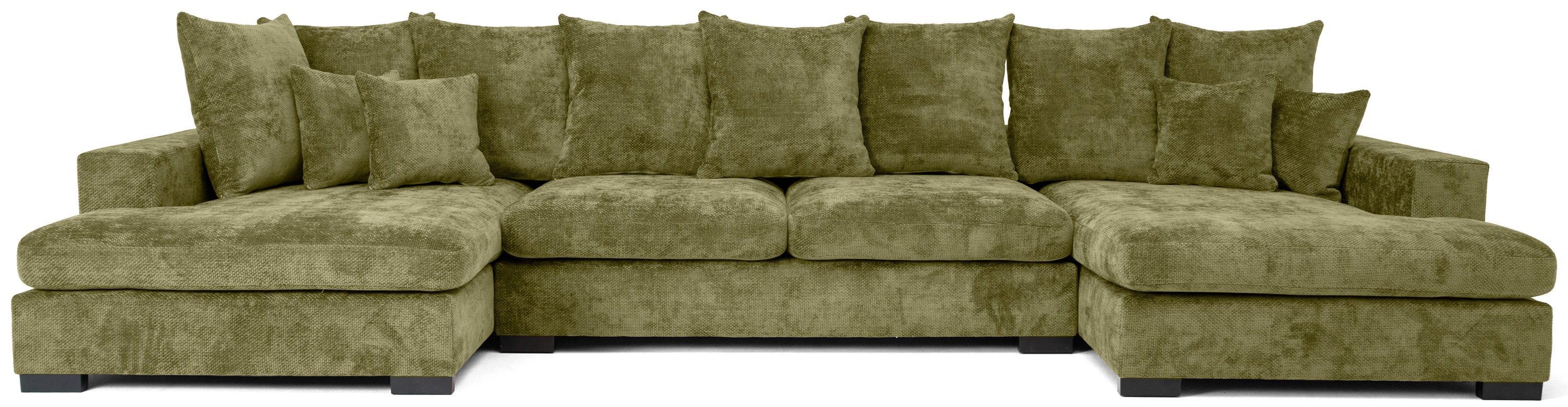 WOHNLANDSCHAFT Dahlia mit Schlaffunktion und Bettkasten in U-Form - Grün Chenille 373/92/155 cm - Schwarz/Grün, Kunststoff/Textil (373/92/155cm) - WFL GROUP