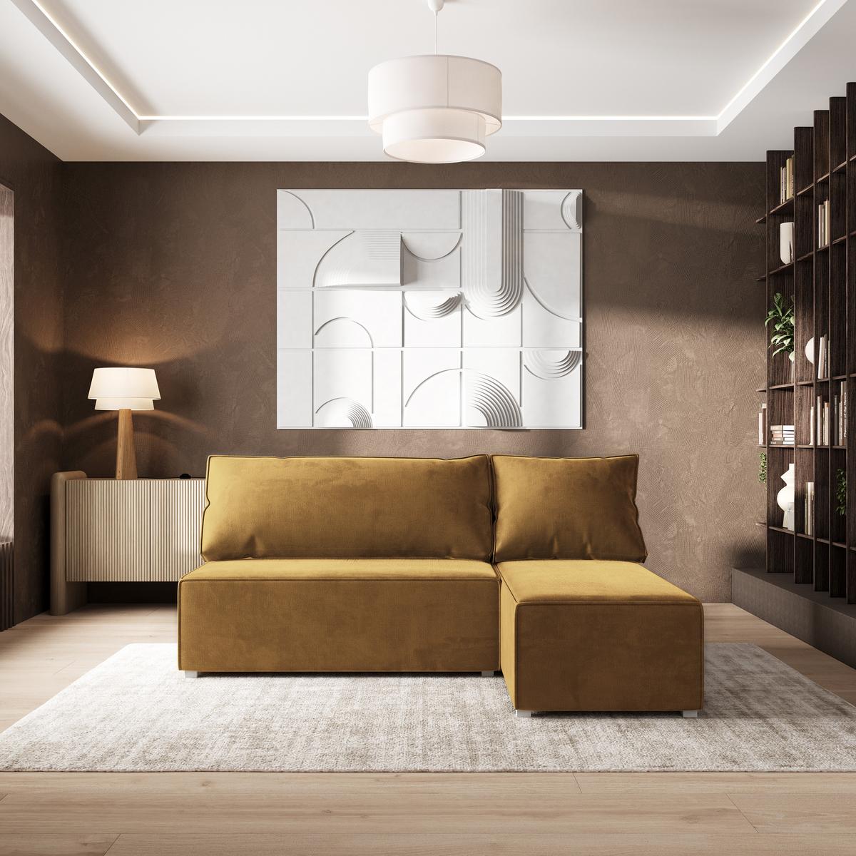 ECKSOFA BRISO M Gelb Velours-Stoff mit Schlaffunktion - Gelb/Grau, Holz/Kunststoff (200/140cm) - MASSENO
