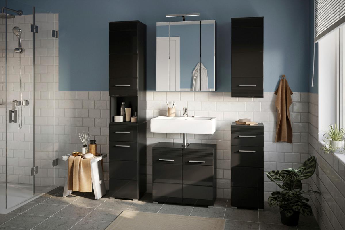 HÄNGESCHRANK schwarz Hochglanz 30 cm, Badschrank glänzend - Schwarz Hochglanz/Silberfarben, Holzwerkstoff/Kunststoff (30/77/23cm) - Inn.Furn