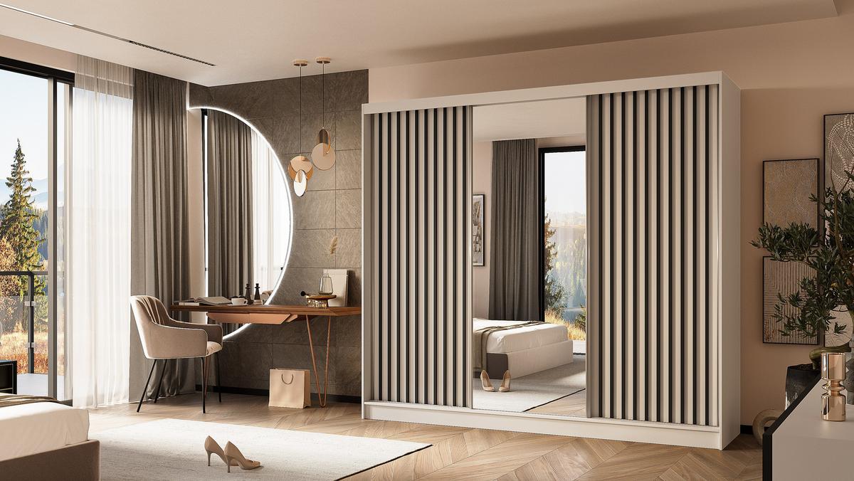 KLEIDERSCHRANK mit Spiegel-Schiebetüren und Aluminium-Leisten, LED-Beleuchtung - LAMELO - 240 cm Weiß+Weiß+Schwarz - Schwarz/Weiß, Holzwerkstoff (240/216/61cm) - ALTDECOR