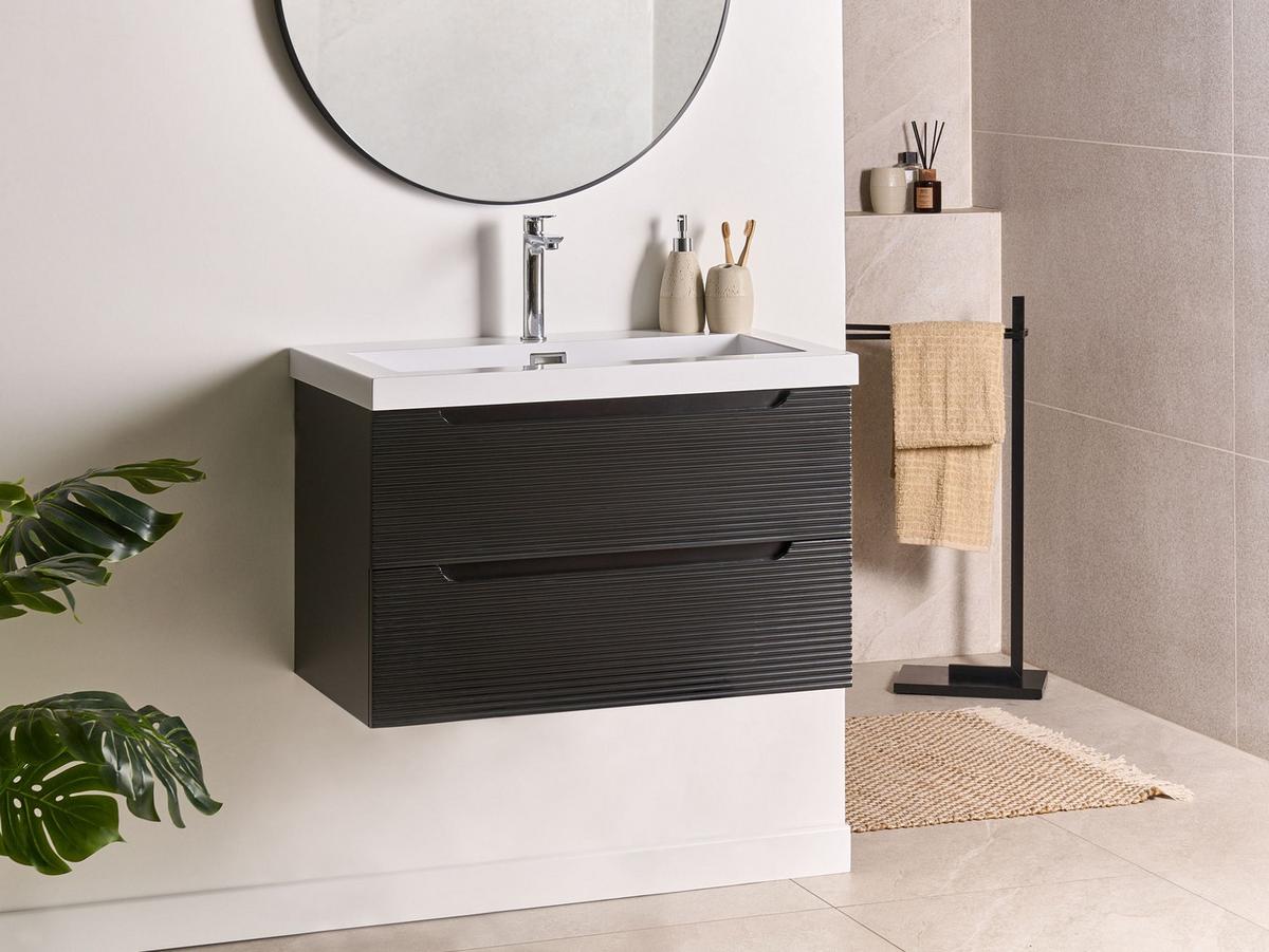 WASCHBECKENUNTERSCHRANK wandmontiertk mit Waschbecken Schwarz Makana - Schwarz, Holzwerkstoff (80/45/93cm) - Beliani