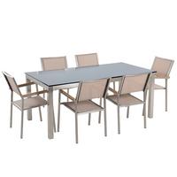 GARTENMÖBEL-SET 6-Sitzer Glasplatte schwarz Textilbespannung beige Grosseto - Beige/Silberfarben, Glas - Beliani