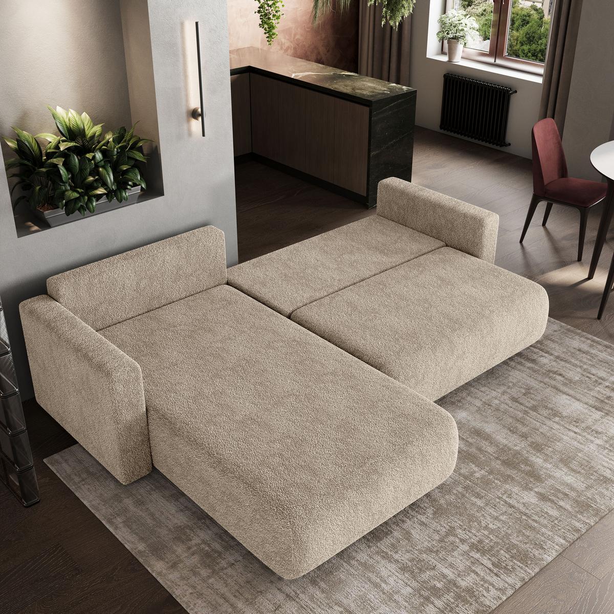 ECKSOFA TURIN N Beige Bucle-Stoff mit Schlaffunktion - Beige/Grau, Holz/Kunststoff (265/183cm) - MASSENO