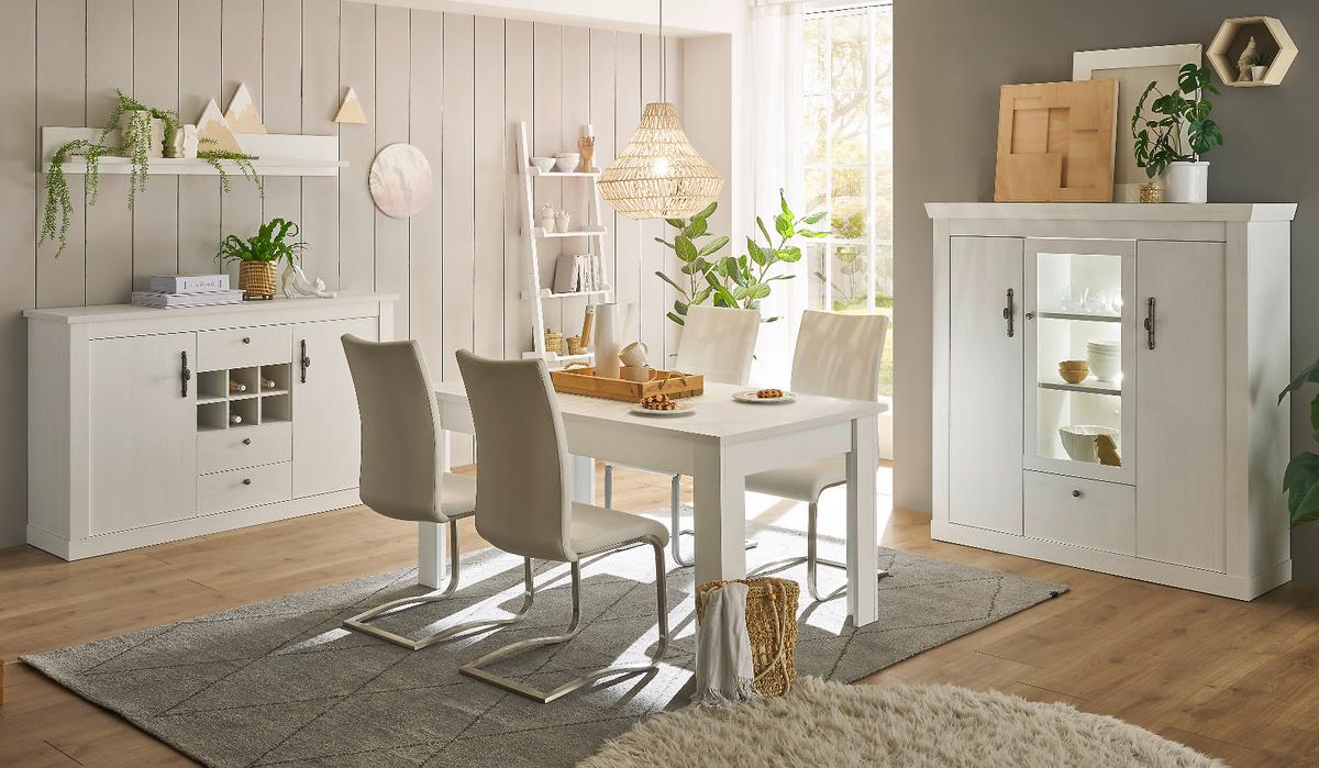 HIGHBOARD weiß Pinie Landhaus, Anrichte mit Soft-Close und Beleuchtung - Weiß, Holzwerkstoff/Kunststoff (141/146/45cm) - Furn.Design