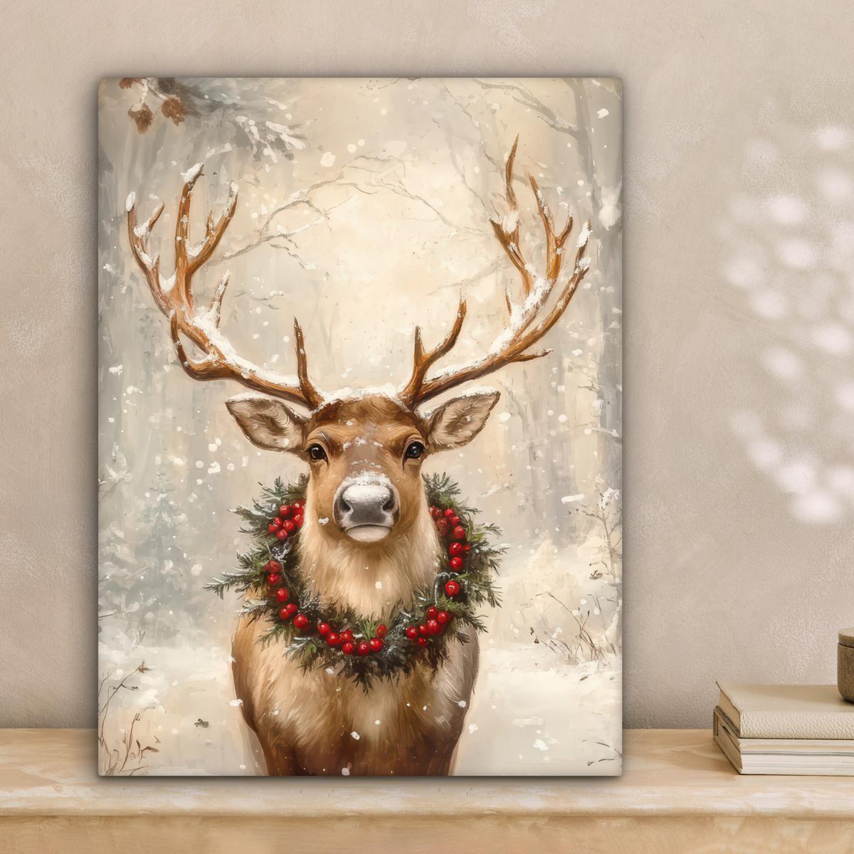 LEINWANDBILD Weihnachten - Rentier - Winter - Kranz Room Decor 30x40 cm - Naturfarben, Textil (30/40cm) - MuchoWow