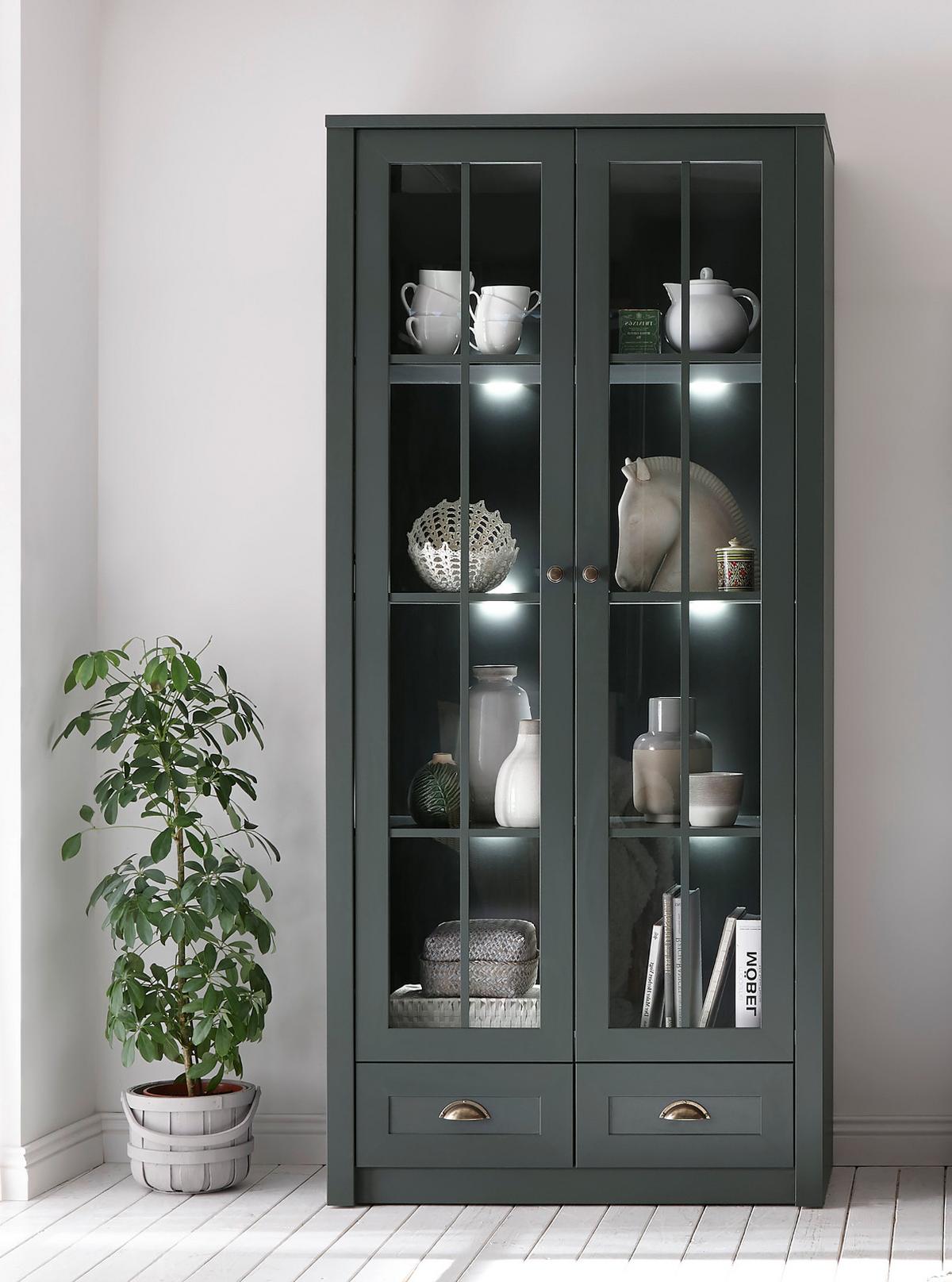 VITRINE grün Landhaus 90 x 197 cm, Vitrinenschrank für Wohn- und Esszimmer - Chromfarben/Schwarz, Glas/Holzwerkstoff (90/197/43cm) - Furn.Design