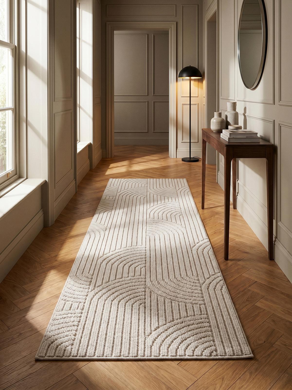 TEPPICH Flachgewebe LANGAU in Creme, mit geometrischen Bögen, 80 x 250 cm - Beige, Textil (250/80cm) - KADIMA DESIGN
