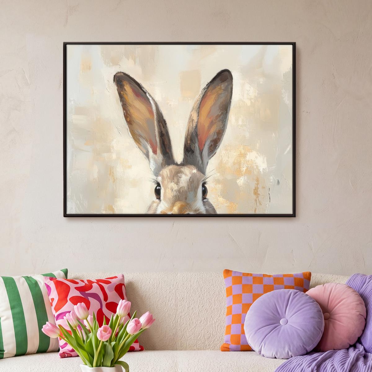 LEINWAND Bilder mit Rahmen - Hase - Ohren - Braun - 100x70 - Beige, Textil (100/70cm) - MuchoWow