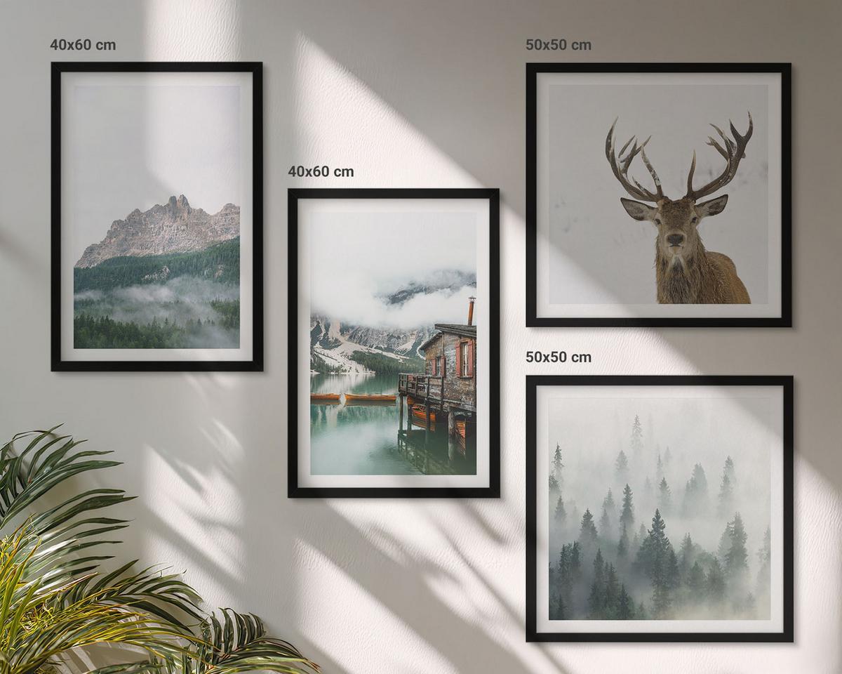 BILDER SET 4er Set - 50x50 cm & 40x60 cm Schwarzer Rahmen - Berge, See, Hirsche, Hütte, Nebel - Schwarz, Kunststoff (50/50cm) - TULUP