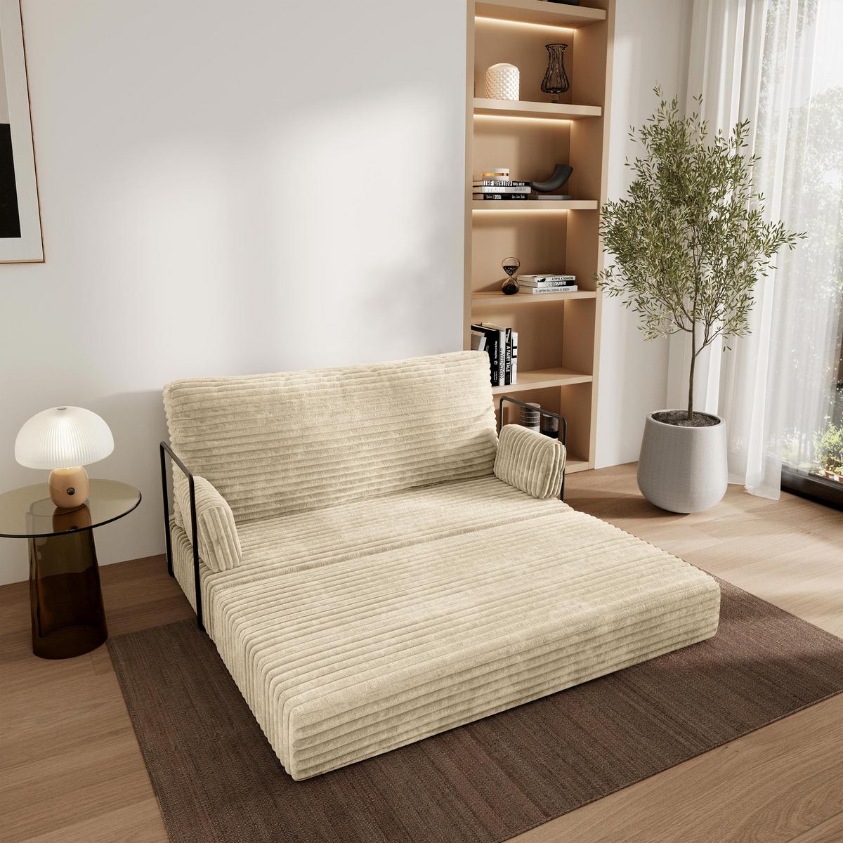 BETTSOFA LADIA aus Schaumstoff Kordstoff Creme Schlaffunktion - Creme, Textil (140/86/60cm) - MASSENO