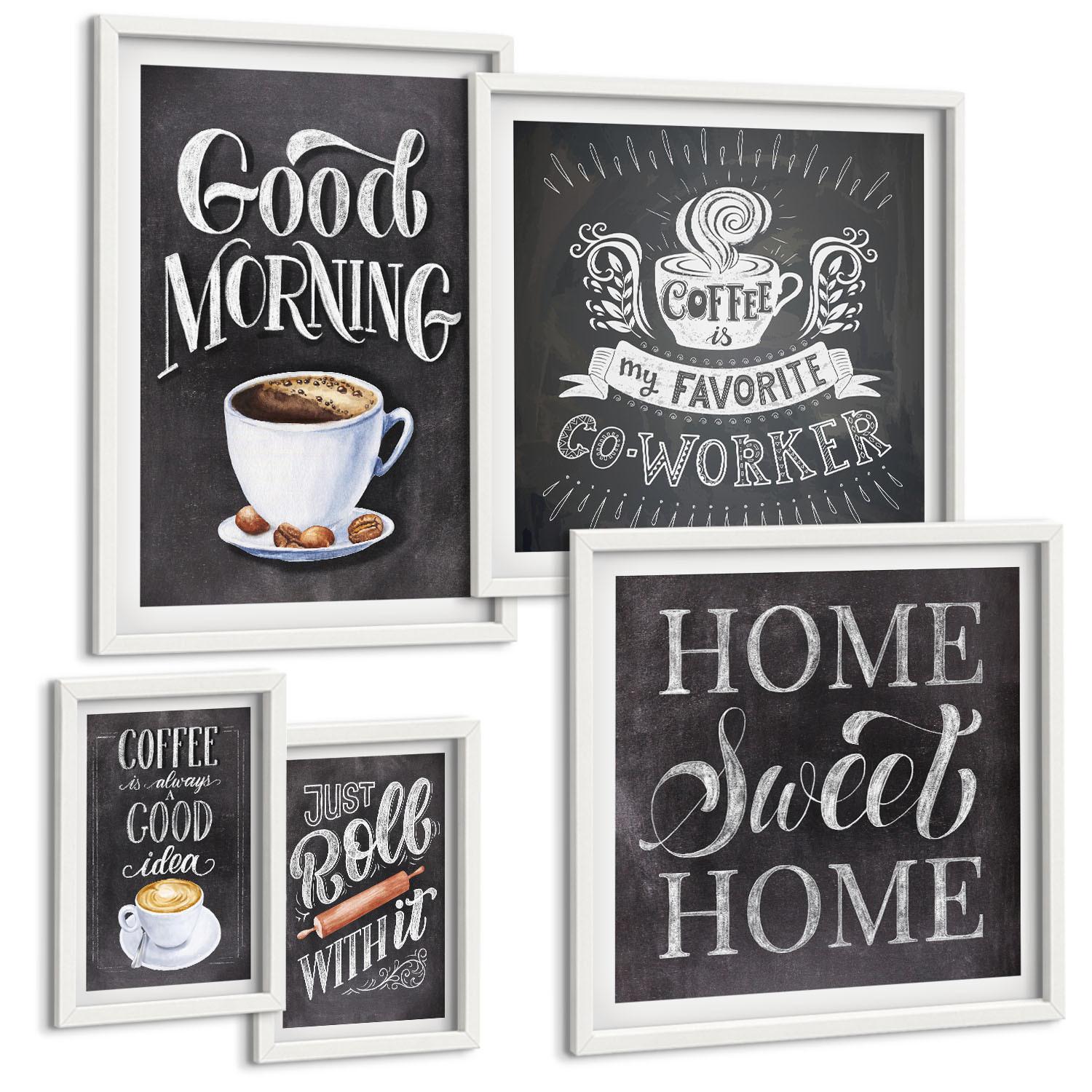 BILDER SET 5er Set - 50x50 cm & 20x30 cm & 40x60 cm Weißer Rahmen - Kaffeeroller, heimelige Wärme - Weiß, Kunststoff (40/60cm) - TULUP