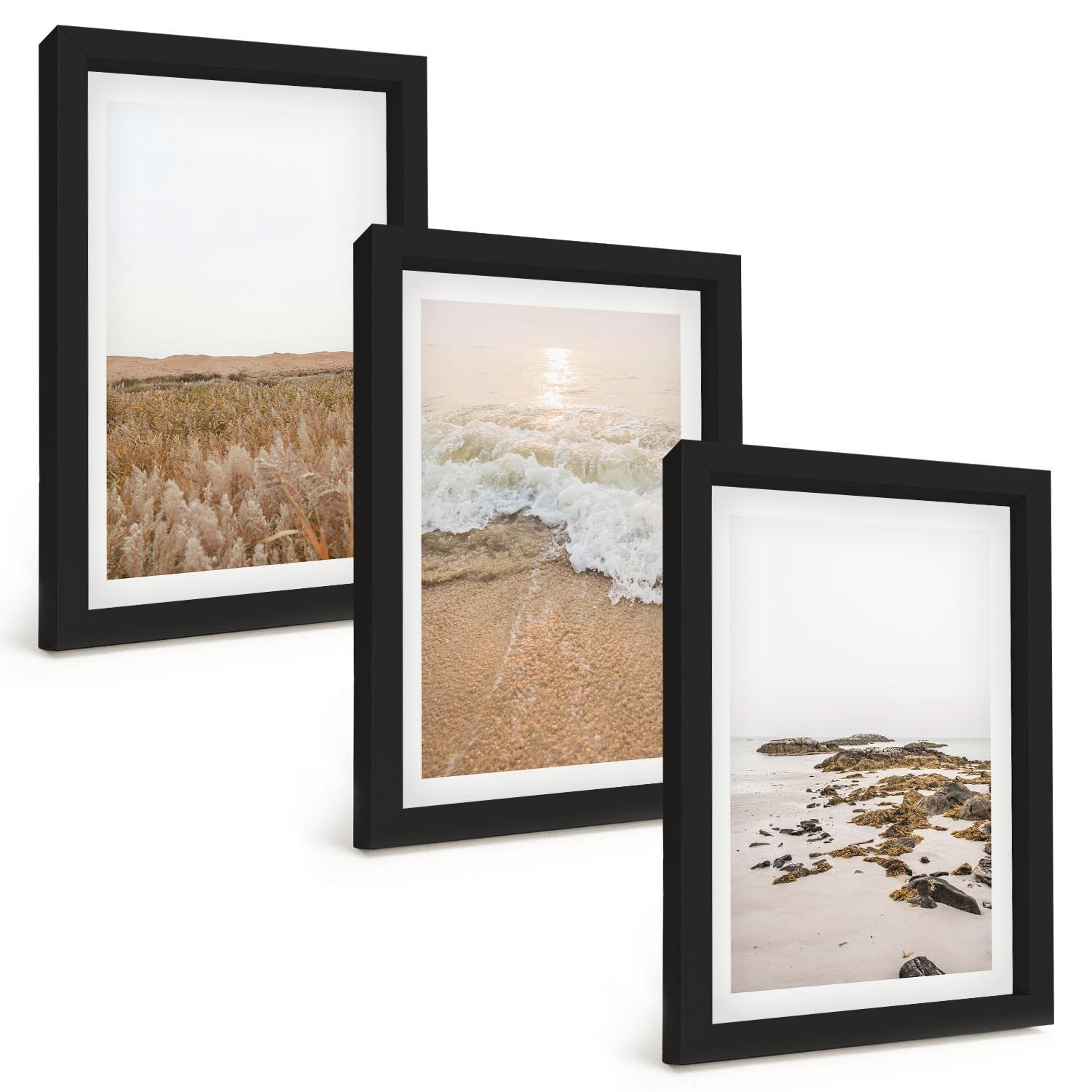 BILDER SET 3er Set - 20x30 cm Schwarzer Rahmen - Strandwellen, Steine, Sommer - Schwarz, Kunststoff (20/30cm) - TULUP