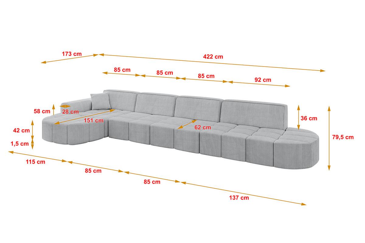 ECKSOFA Ottomane Links LIVO-L3 - 422x173x79,5 cm Grau - Grau, Holzwerkstoff/Textil (422/173cm) - ALTDECOR