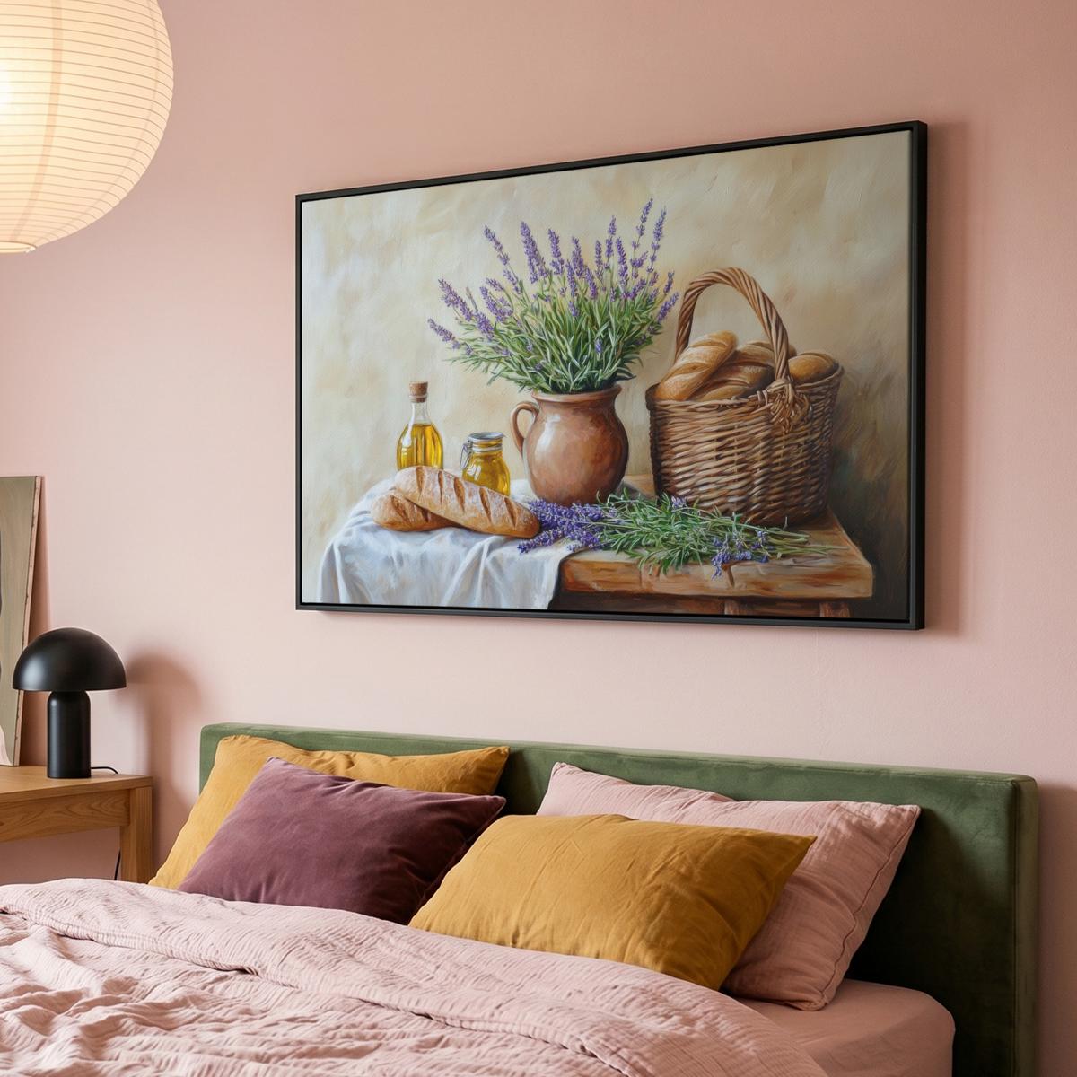 LEINWAND Bilder mit Rahmen - Lavendel - Brot - Stilleben - 150x100 - Flieder, Textil (150/100cm) - MuchoWow