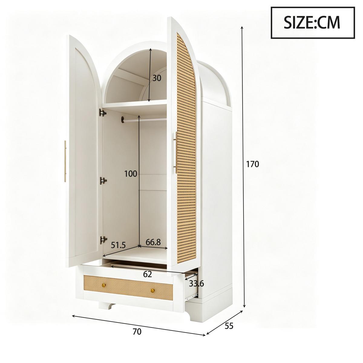 KLEIDERSCHRANK Doppeltüren Kunstrattan Weiß mit Schubladen - Weiß, Holzwerkstoff (70/170/55cm) - Urban Meuble