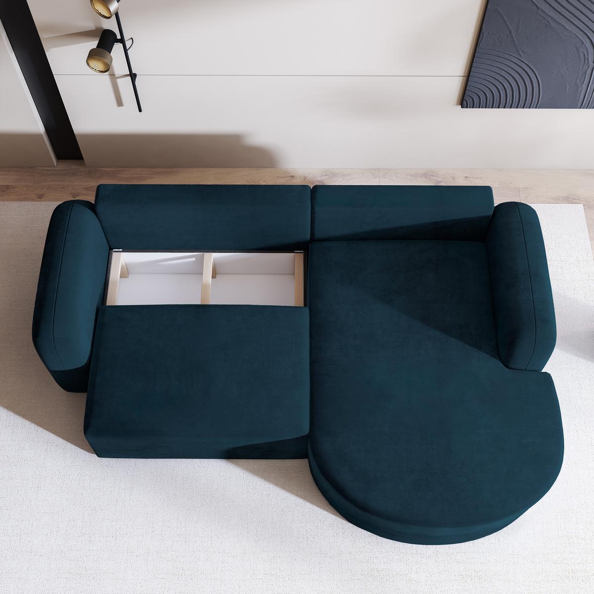 ECKSOFA AMILIA M R-S Blau Velours-Stoff mit Schlaffunktion - Blau, Holz (263/174cm) - MASSENO
