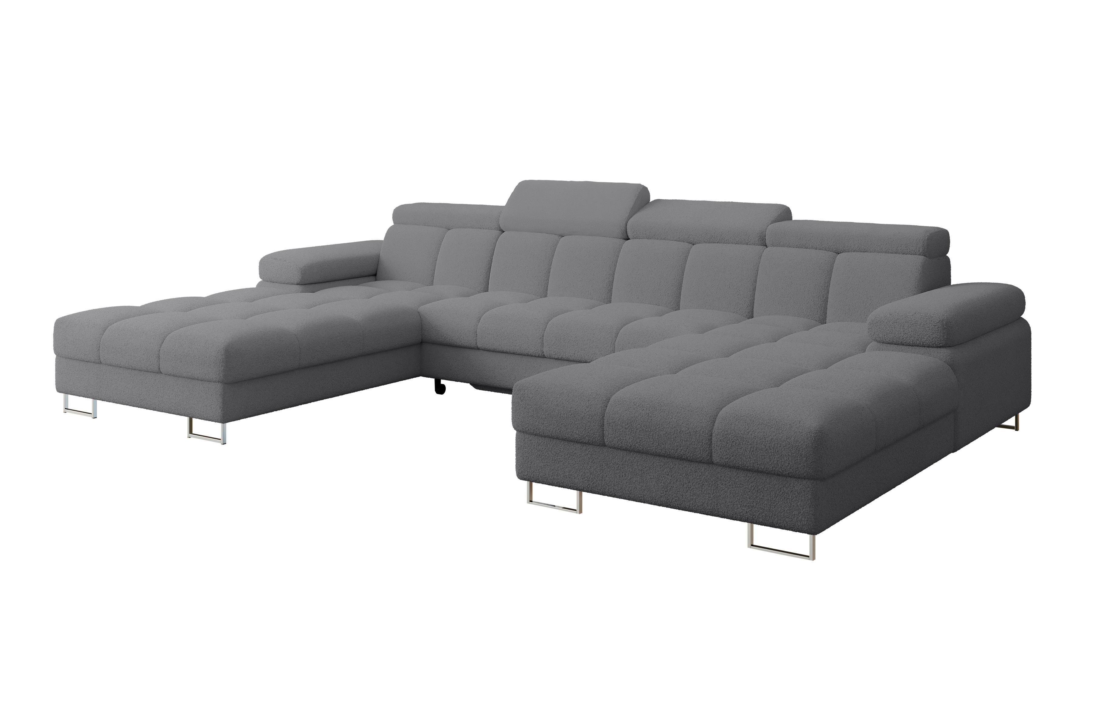 WOHNLANDSCHAFT mit Schlaffunktion und Bettkasten COMA U2 345x203x79 Grau Bouclé - Chromfarben, Holzwerkstoff/Textil (345/79/203cm) - ALTDECOR