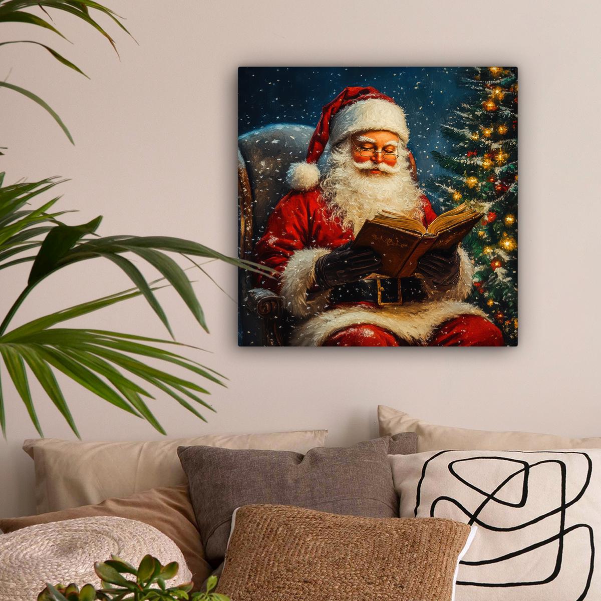 LEINWANDBILD Weihnachtsmann - Weihnachten - Winter - Weihnachtsbaum Wandbild Wohnzimmer 50x50 cm - Bordeaux, Textil (50/50cm) - MuchoWow