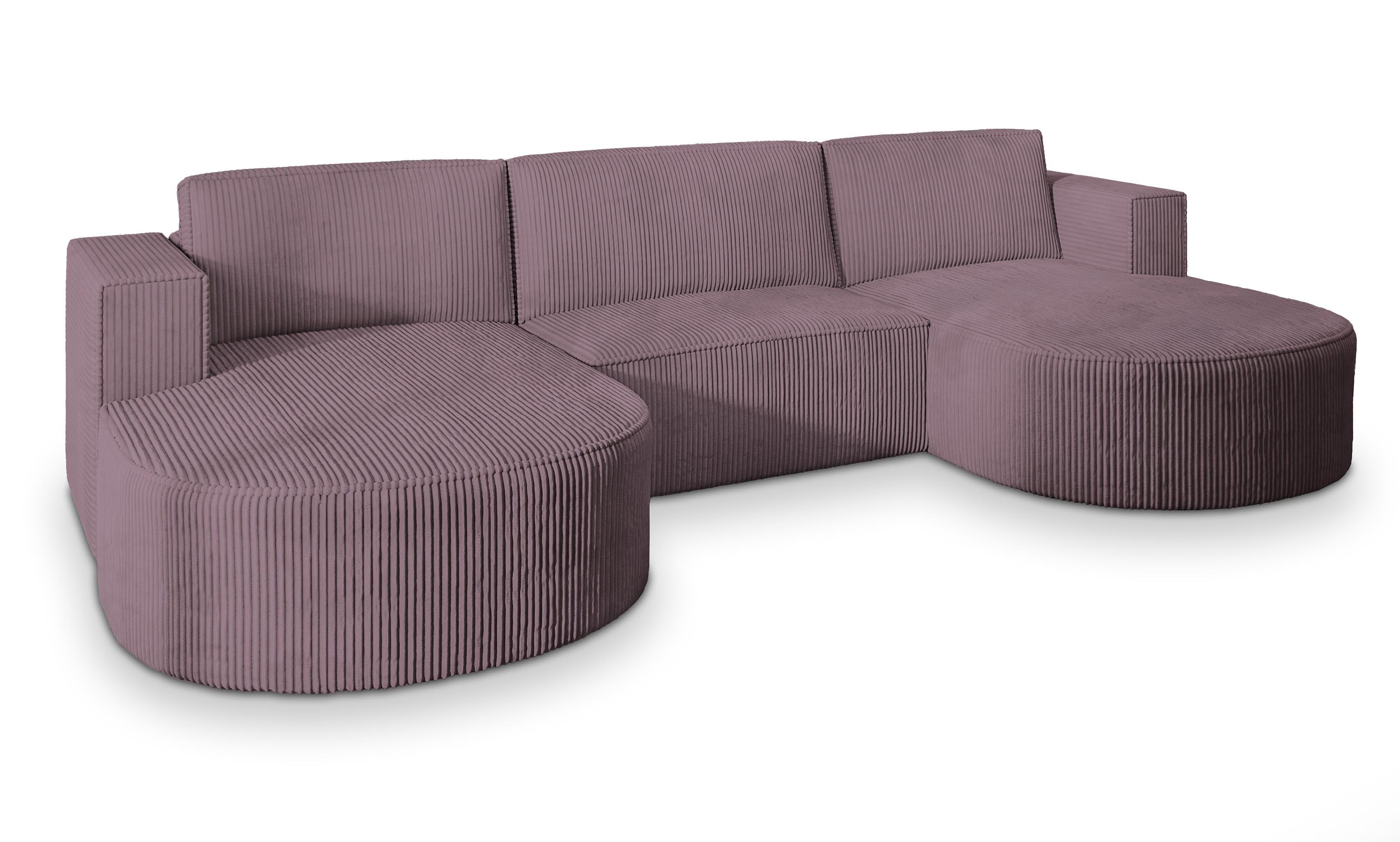 WOHNLANDSCHAFT VEZZO P Lila Kordstoff mit Schlaffunktion - Lila/Grau, Holz/Kunststoff (347/85/174cm) - MASSENO
