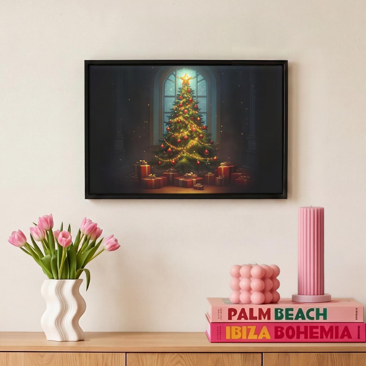 LEINWAND Bilder mit Rahmen - Weihnachtsbaum - Geschenk - Winter - 30x20 - Grün, Textil (30/20cm) - MuchoWow