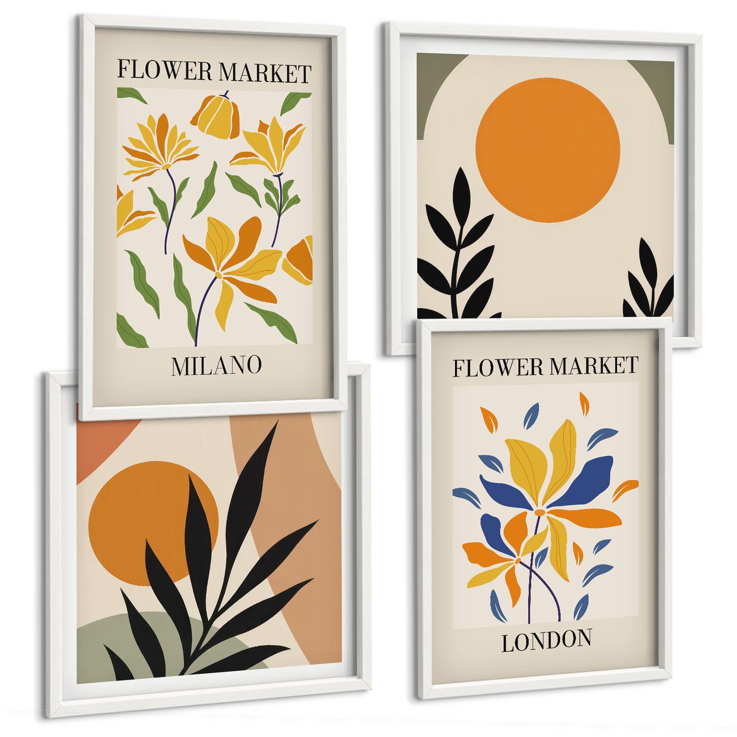 BILDER SET 4er Set - 50x50 cm & 40x60 cm Weißer Rahmen - Blumenposter Paris Mailand - Weiß, Kunststoff (50/50cm) - TULUP