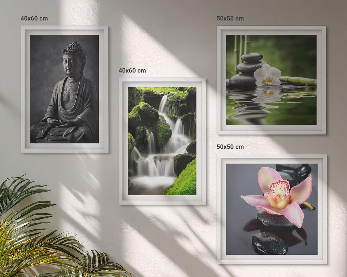 BILDER SET 4er Set - 50x50 cm & 40x60 cm Weißer Rahmen - Zen-Gemälde, Wassersteine, Buddha - Weiß, Kunststoff (50/50cm) - TULUP