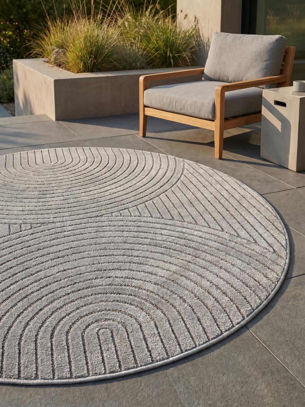 TEPPICH Outdoor ENGADIN in Silber, im Skandi-Stil mit 3D-Design, Ø 160 cm - Silberfarben, Textil (160/160cm) - KADIMA DESIGN