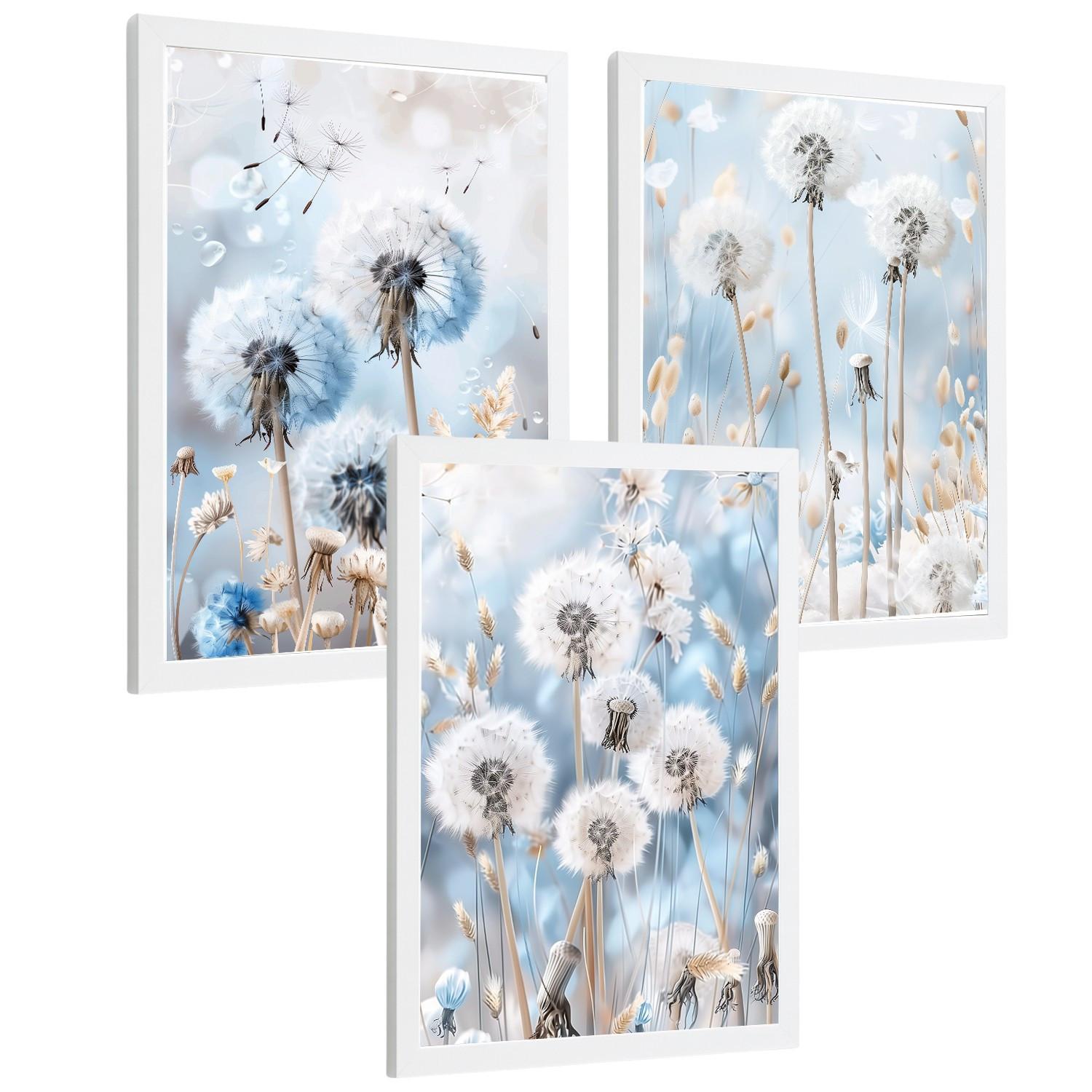 POSTER 3er Kunstdruck-Set Wandbilder Floral Blau modern Wohnzimmer Deko, Schlafzimmer, Küche, Badezimmer Weißer Rahmen A4 - Weiß, Papier (29.7/1/21cm) - Nacnic