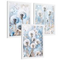 POSTER 3er Kunstdruck-Set Wandbilder Floral Blau modern Wohnzimmer Deko, Schlafzimmer, Küche, Badezimmer Weißer Rahmen A4 - Weiß, Papier (29.7/1/21cm) - Nacnic