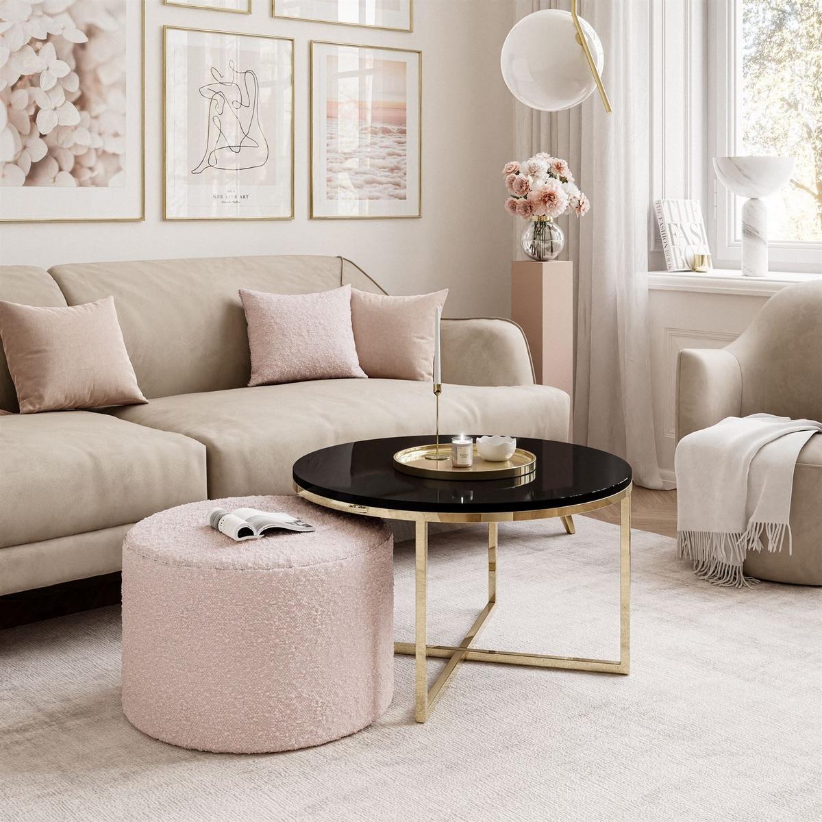 COUCHTISCH CIRI-X mit Hocker Gold Chrom|Schwarz Hochglanz|Ascot pink - Schwarz Hochglanz/Goldfarben, Holzwerkstoff/Textil (70/70/46cm) - Lookway