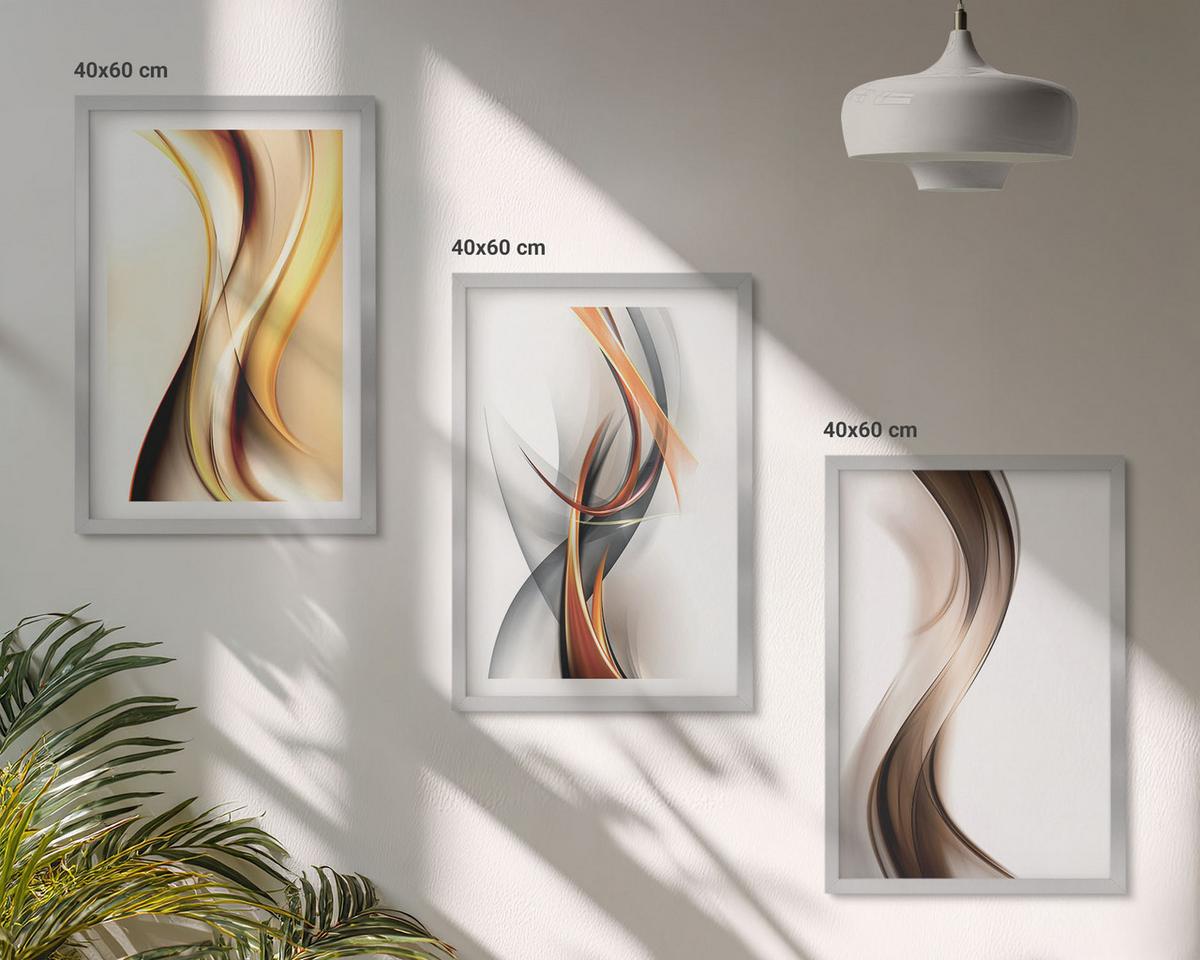 BILDER SET 3er Set - 40x60 cm Silberner Rahmen - Gelbgrau-braune Wellen - Silberfarben, Kunststoff (40/60cm) - TULUP