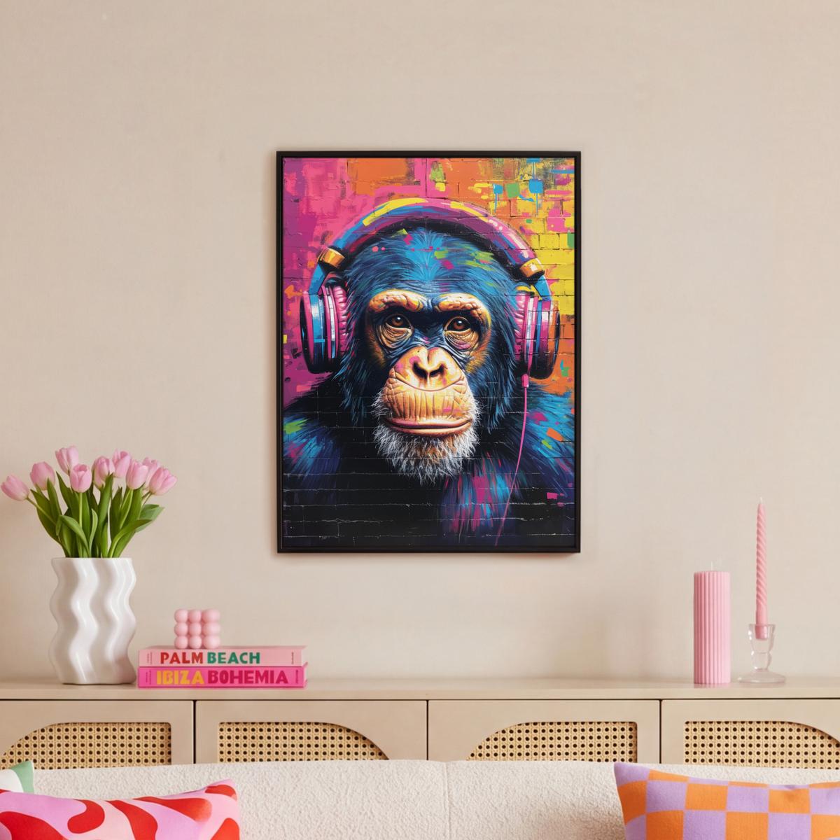 LEINWAND Bilder mit Rahmen - Graffiti - Schimpanse - Straßenkunst - Kopfhörer - Affe - 50x70 - Blau, Textil (50/70cm) - MuchoWow