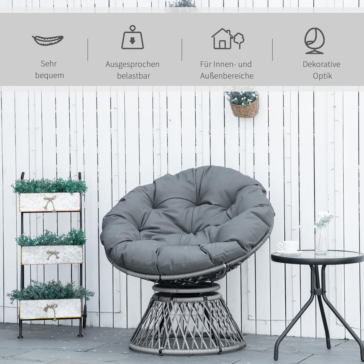 PAPASANSESSEL, Korbsessel, Sessel mit Polster, 360 Grad, Rattan, Grau - Grau, Kunststoff (97/86/87cm) - Outsunny
