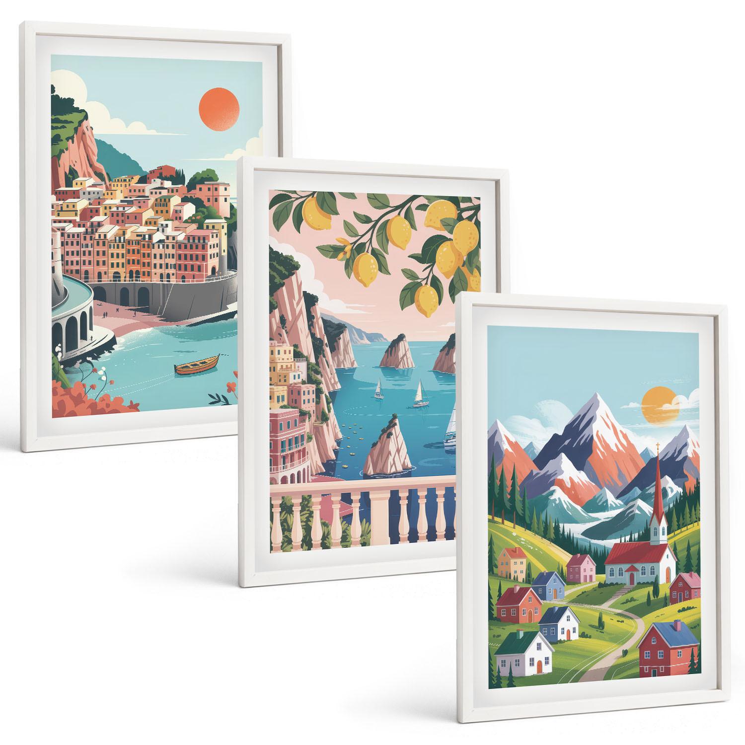 BILDER SET 3er Set - 40x60 cm Weißer Rahmen - Farbenfrohe Berge und Städte - Weiß, Kunststoff (40/60cm) - TULUP