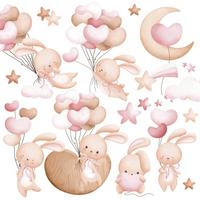 STICKER SET für Kinder Kaninchen Herzen Ballons Sterne 120x60 - Beige/Rosa, Papier (120/60/1cm) - Muralo