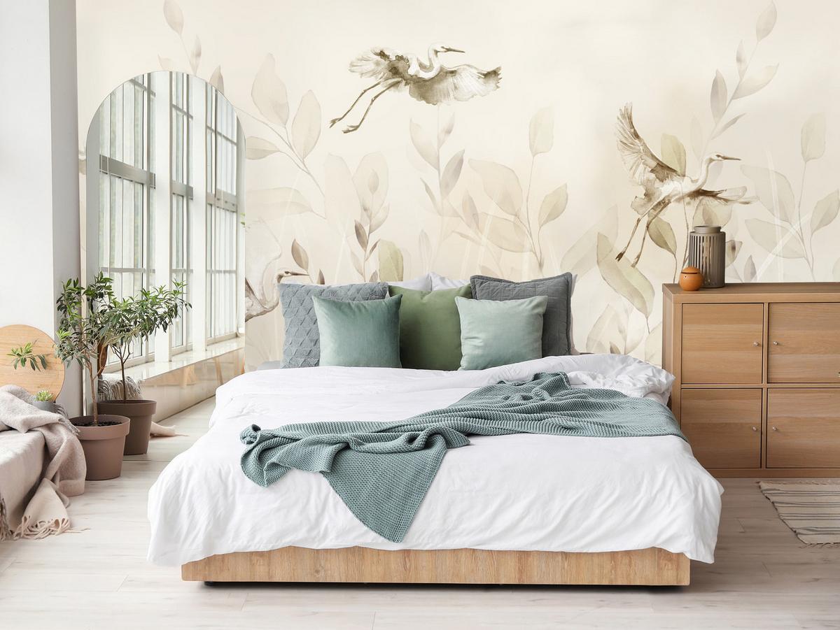 FOTOTAPETE Vögel Blätter Wiese Retro Stil 200x140 - Beige, Papier (200/140cm) - Muralo