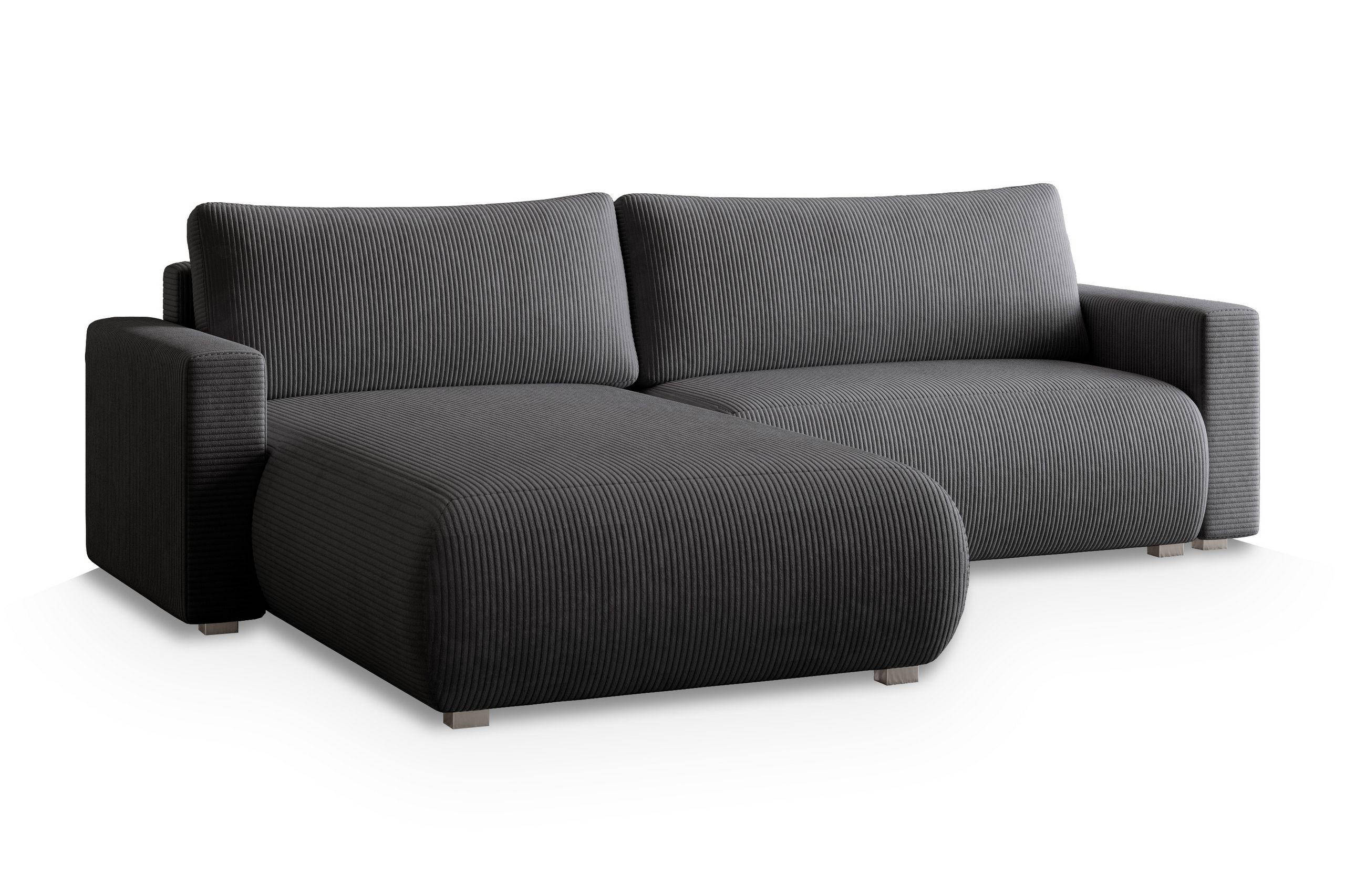 ECKSOFA TURIN P Graphitfarben Kordstoff mit Schlaffunktion - Graphitfarben/Grau, Holz/Kunststoff (265/183cm) - MASSENO