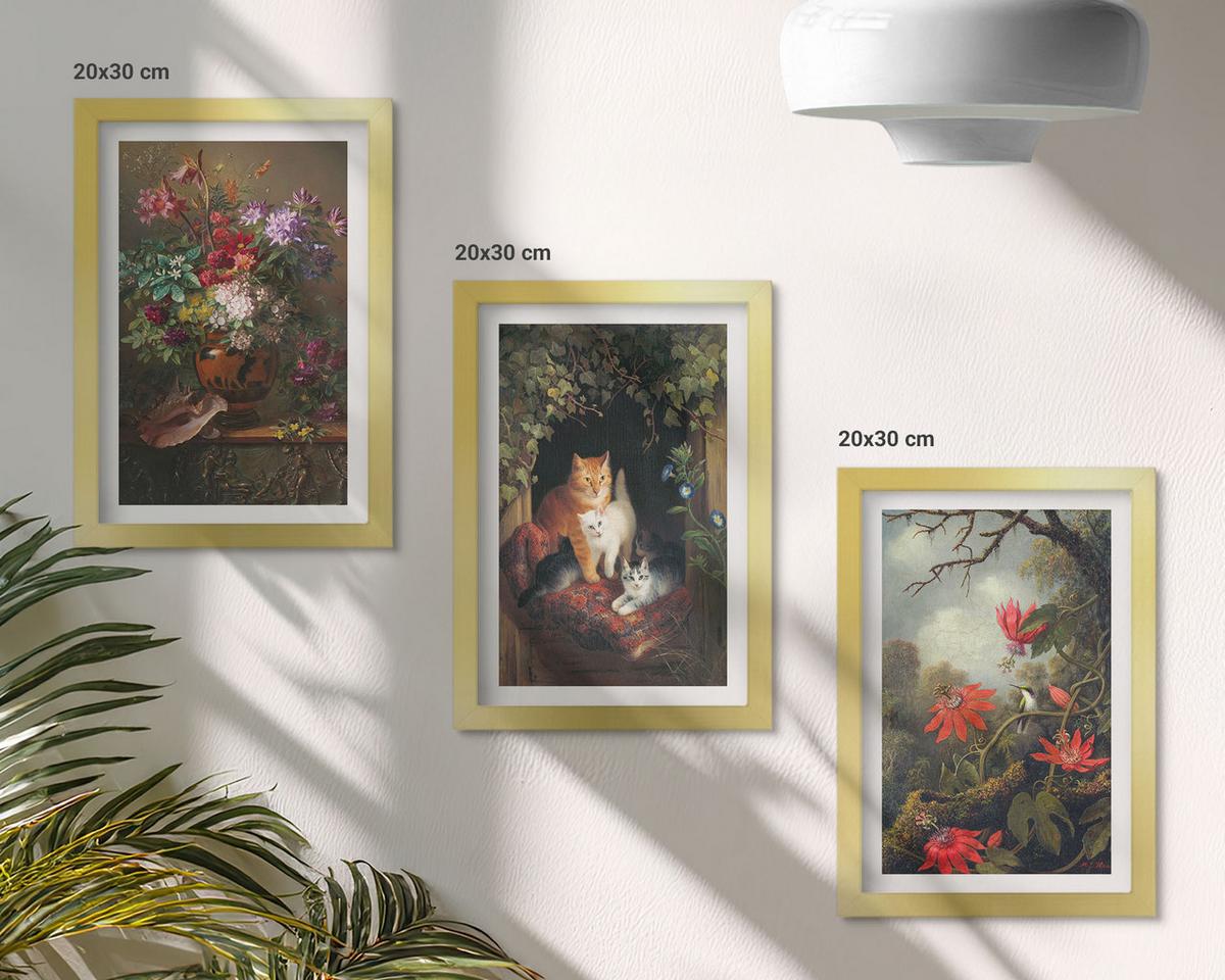 BILDER SET 3er Set - 20x30 cm Goldrahmen - Vintage-Blumen, Katzen, Natur - Goldfarben, Kunststoff (20/30cm) - TULUP