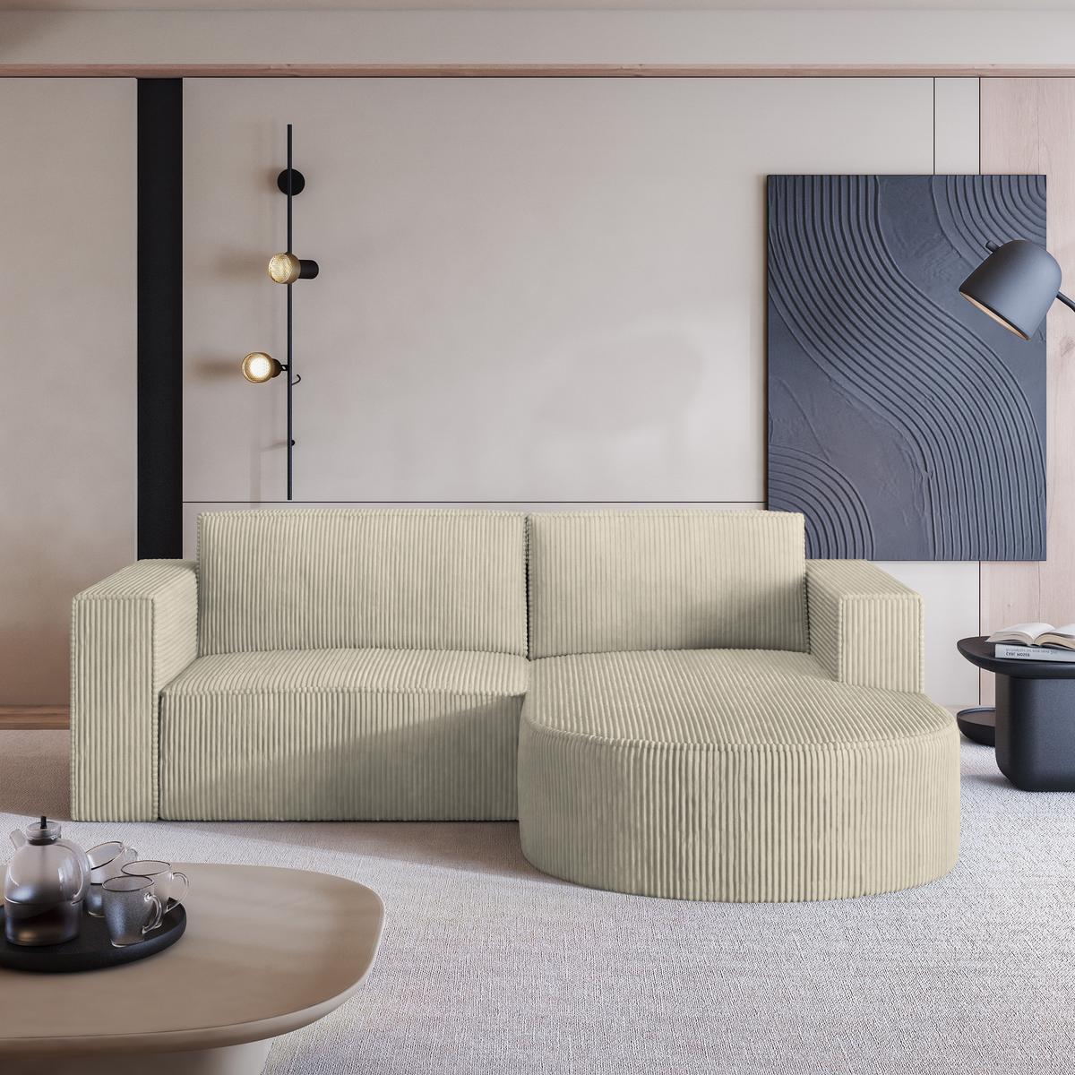 ECKSOFA SORELA P R-S Creme Kordstoff mit Schlaffunktion - Creme, Holz (263/174cm) - MASSENO